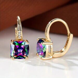 Vibrant Mystic Rose Gold Square Rainbow Color Zircon Earrings
